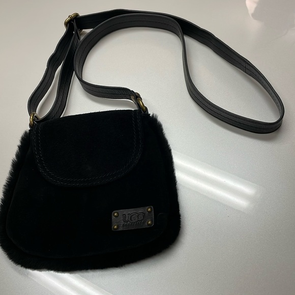 UGG black suede crossbody with black shearling trim - EUC - Picture 2 of 11